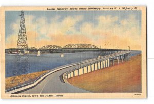 Between Clinton Iowa and Fulton Illinois IA Postcard 1952 Lincoln Highway Bridge