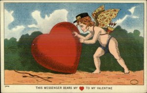 Valentine Messenger Fairy Cupid Tired Giant Heart c1910 Postcard #1