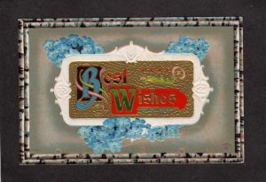 Best Wishes Greetings Postcard Blue Flowers Birch Bark Border