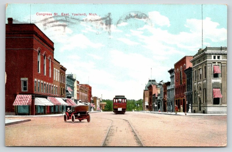 Ypsilanti Michigan~Congress Street East Bank~Car Cuts In Front of Trolley~c1910 