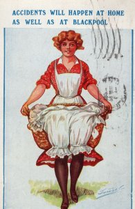 Accidents Will Happen At Blackpool French Maid Old Comic Postcard