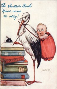 Stork Baby Books Bird Reading Visitor's Book TUCK Gassaway Postcard F84