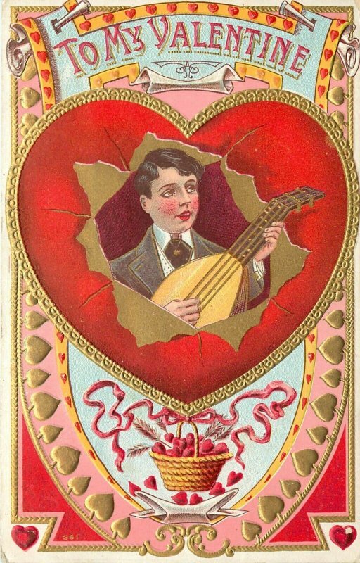 c1910 Embossed Decorative Valentine Postcard 361; Man Sings & Plays Mandolin