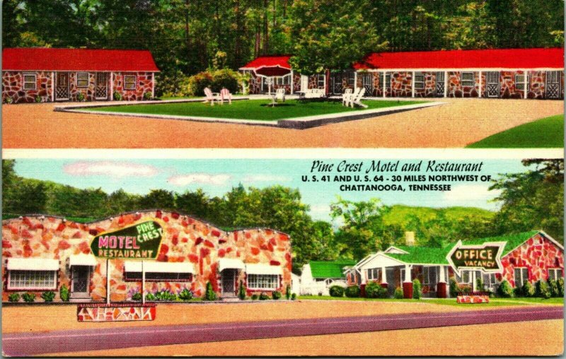 Pine Crest Motel and Restaurant Multi View Chattanooga TN UNP Linen Postcard Q12