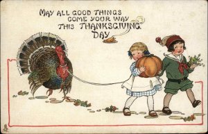Tuck Thanksgiving Children Kids Lead Turkey on Leash c1910 Postcard