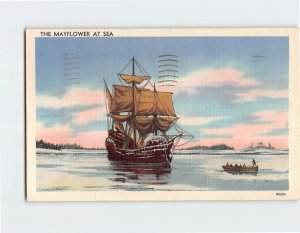 Postcard The Mayflower At Sea, Plymouth, Massachusetts