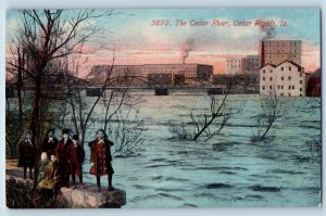 Cedar Rapids Iowa IA Postcard The Cedar River Children & Buildings c1910s Trees