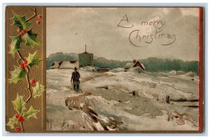 1912 Christmas Holly Berries Boy Winter Embossed Indiana PA Antique Postcard