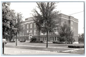 Jefferson Iowa IA Postcard RPPC Photo High School Building Scene Street 1948