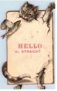 1870s-80s Hello 5¢ Straight Cut Cigars Car Holding Fish Die Cut Trade Card 7H