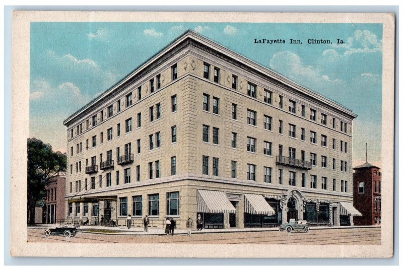 Clinton Iowa IA Postcard Lafayette Inn Building Exterior Roadside c1920's Cars