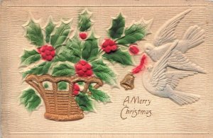 Heavily Embossed Air Brushed Christmas Postcard Holly Dove Bell Made in Germany