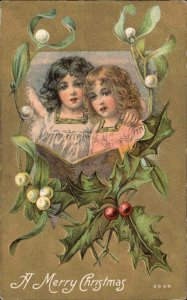 Christmas Beautiful Little Girls Mistletoe Holly Border c1910 Vintage Postcard