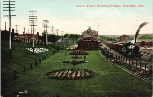 Grand Trunk Railway Station Hamilton Ontario ON GTR Train c1908 Postcard F90