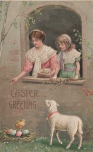 Postcard Easter Greeting Women Feeding Chick and Lamb