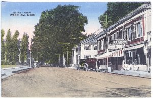 Wareham MA Street View Ice Cream Sign Storefronts Old Cars Postcard