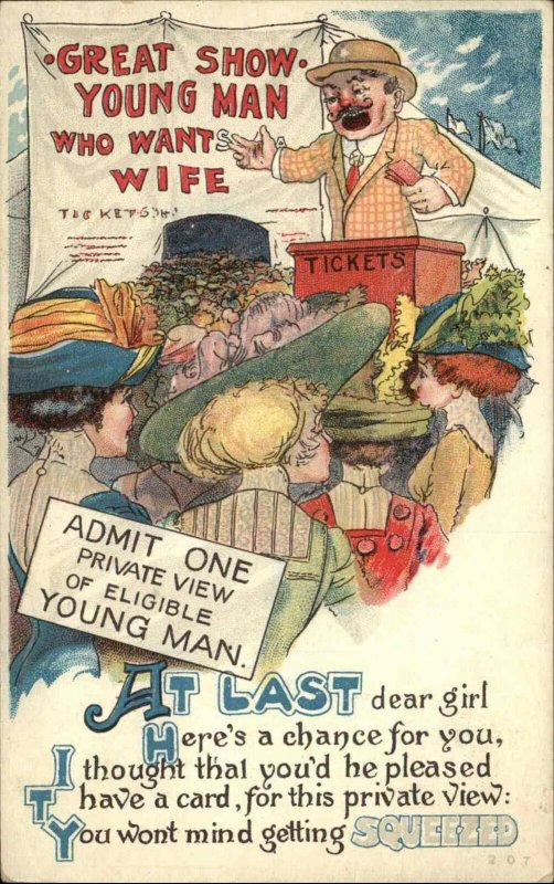 Comic Women Looking For Eligible Man Barker Ticket Sales c1910 Postcard