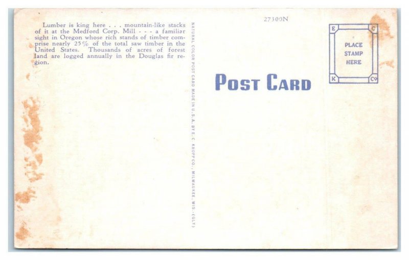 MEDFORD, Oregon OR ~ Logging MEDFORD CORP. MILL Lumber c1940s Linen Postcard