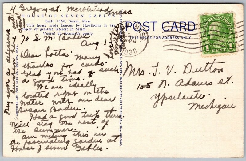 Vtg Salem Massachusetts MA House of the Seven Gables 1930s Linen Postcard