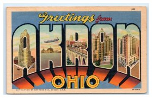 Large Letter Linen AKRON, OH Ohio c1940s Summit County Curteich Postcard