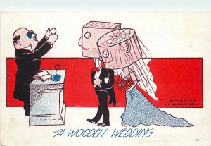 Vintage Postcard A Wooden Wedding Maurice Well 37 Block Heads Get Married