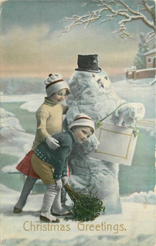 Postcard 1918 Snowman Children Christmas Greeting snowman 22-12953