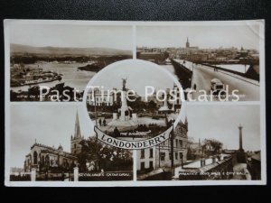 1934 RPPC Londonderry Multiview, Prentice Boys Hall, The Foyle, Craigavon Bridge