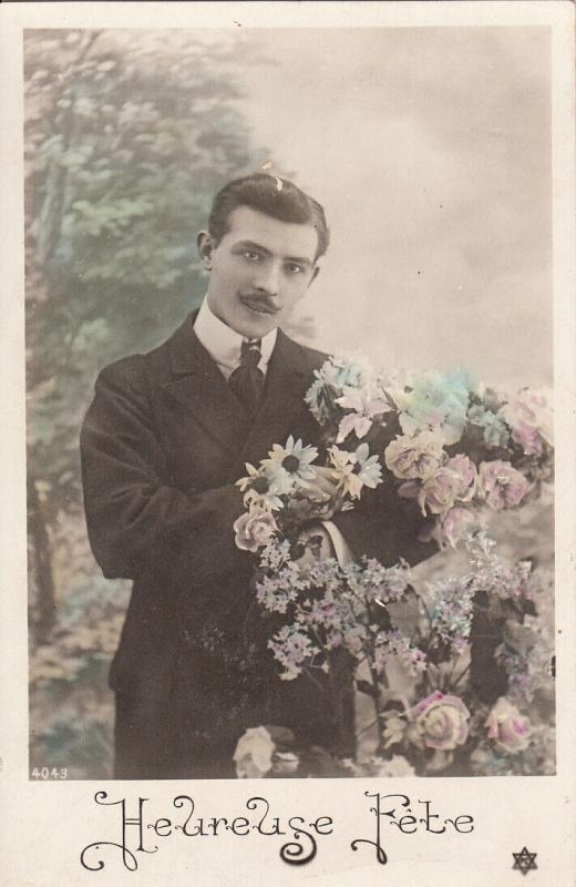 Elegant young man with mustache flowers early greetings postcard France