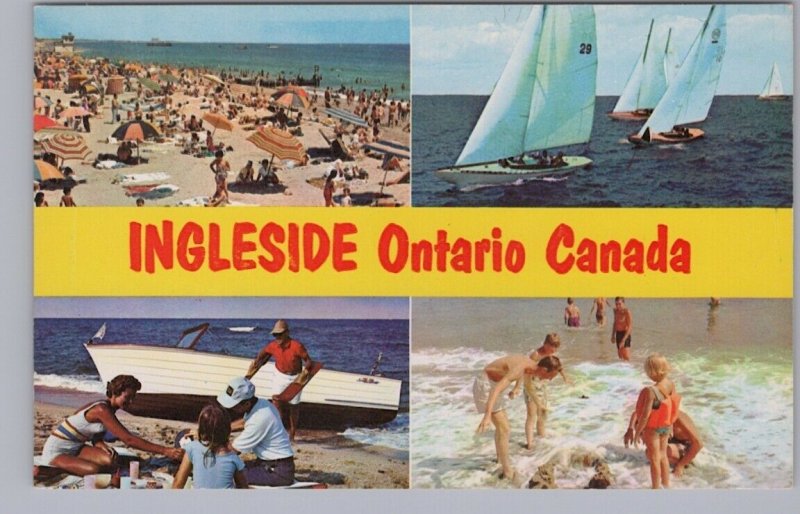 Boats, Crowded Beach, Ingleside, Ontario, Vintage Chrome Multiview Postcard