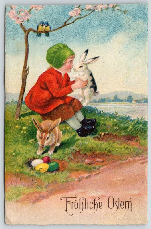 Easter~Girl Plays With Bunnies Under Blossom Tree~Colored Eggs~Birds~1916 ERIKA