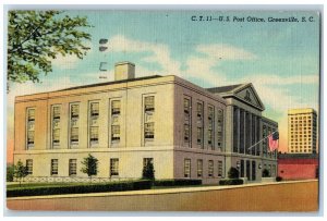 Greenville South Carolina Postcard US Post Office Exterior c1953 Vintage Antique