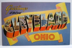 Greetings From Cleveland Ohio Large Big Letter Postcard Linen Tichnor Purple