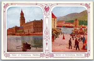 Vtg Gothenburg Sweden Canal and Harbor Dual View 1910s View Postcard