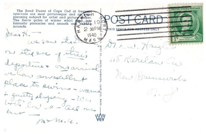Cape Cod Sand Dunes Massachusetts Postcard Posted 1940