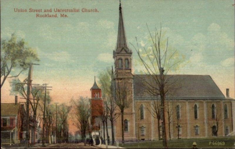 Rockland ME Union St. & Church c1910 Postcard #1