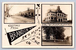J90/ Brandon Wisconsin RPPC Pennant Postcard c1910 3View Railroad Depot 746
