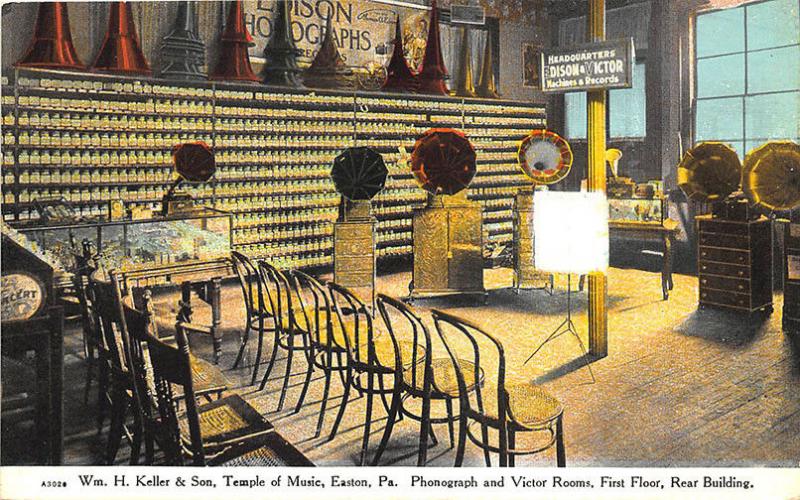 Easton PA Keller & Son Edison & Victor Machines & Records Temple Music Postcard