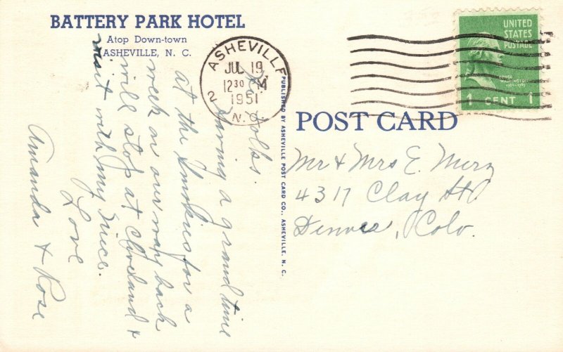 Vintage Postcard 1951 View of Battery Park Hotel Asheville North Carolina N. C.