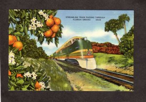 FL Streamline Railroad Train Orange Groves Florida Linen Postcard