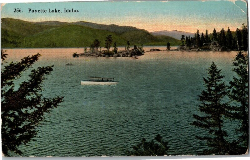 View Overlooking Boat on Payette Lake ID Vintage Postcard C51 
