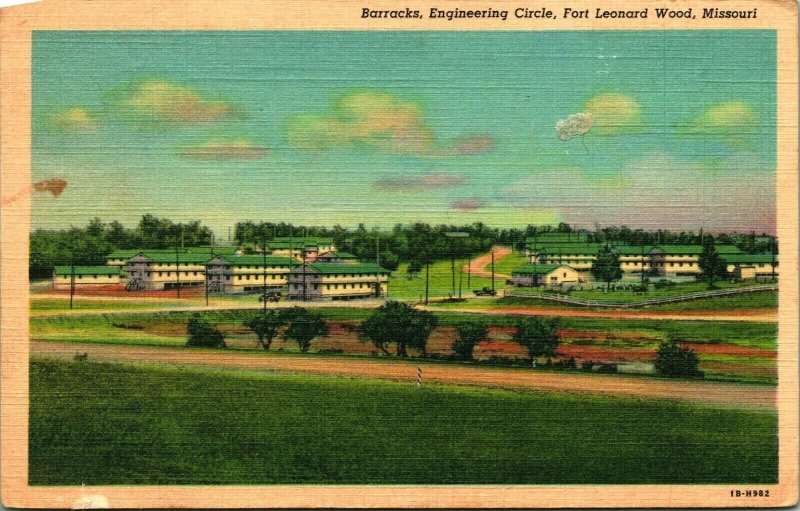 Fort Leonard Wood Missouri MO Barracks Engineering Circle Vtg Linen Postcard