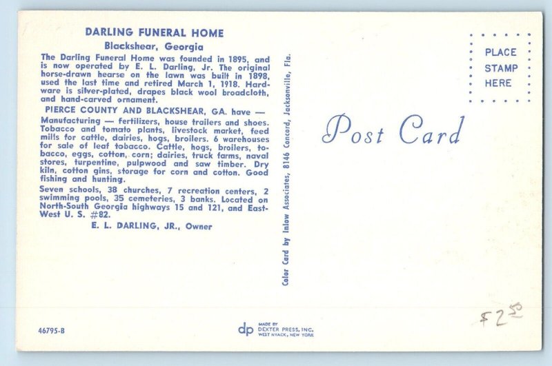 Blackshear Georgia Postcard Darling Funeral Home Pierce Country Blackshear c1960