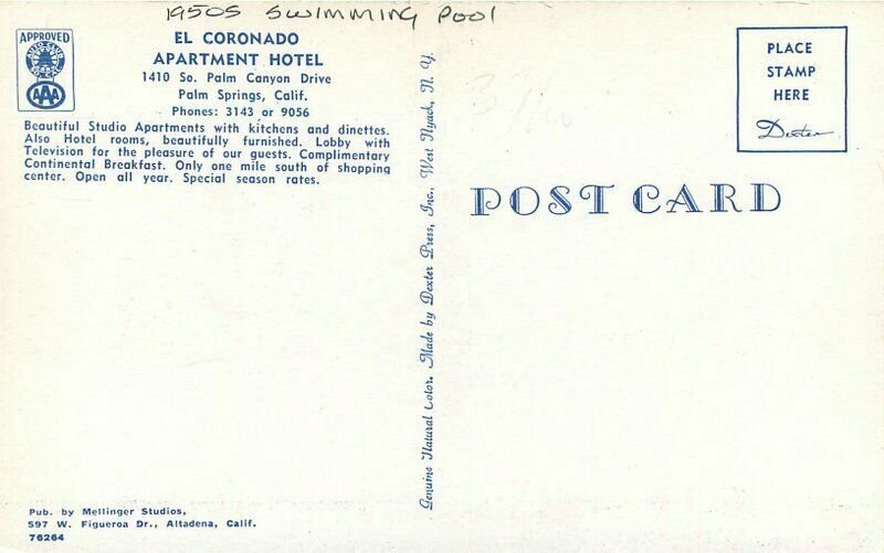 Palm Springs California Swimming Pool El Coronado Apt Hotel Postcard 21-8914