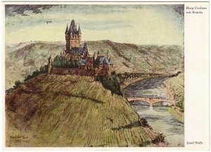 Burg Cochem Mit Brucke, Castle Cochem, Germany, Art Postcard, Signed Josef Steib