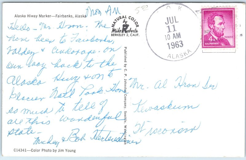 c1960s Fairbanks, AK Alaska Highway Mile 1523 Distance Chrome Postcard Sign A51