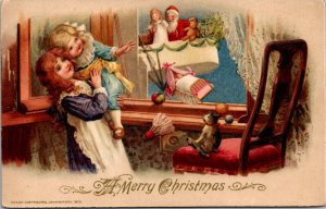 1914 Christmas Postcard Little Girl & Toddler Wave Out Window to Santa in Blimp
