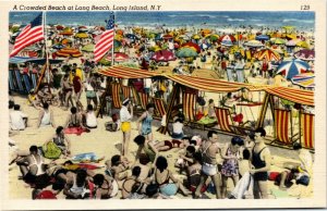 Postcard NY Long Island A Crowded Beach at Long Beach LINEN 1940s H9