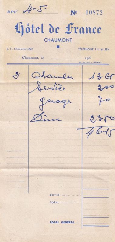 Hotel De France Chaumont Old Receipt