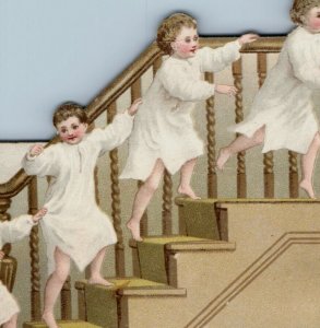 1870s-80s Die-Cut Christmas Card Four Cute Children On Stairs #7W
