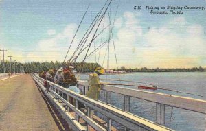 Fishing on Ringling Causeway Sarasota Florida linen postcard